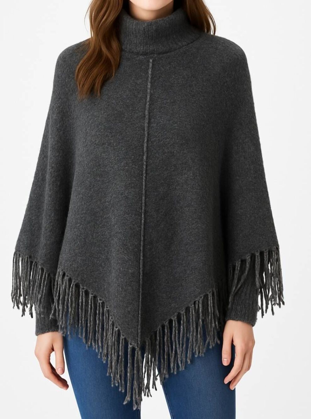 Zara womens medium poncho sweater gray fringe soft mockneck pullover